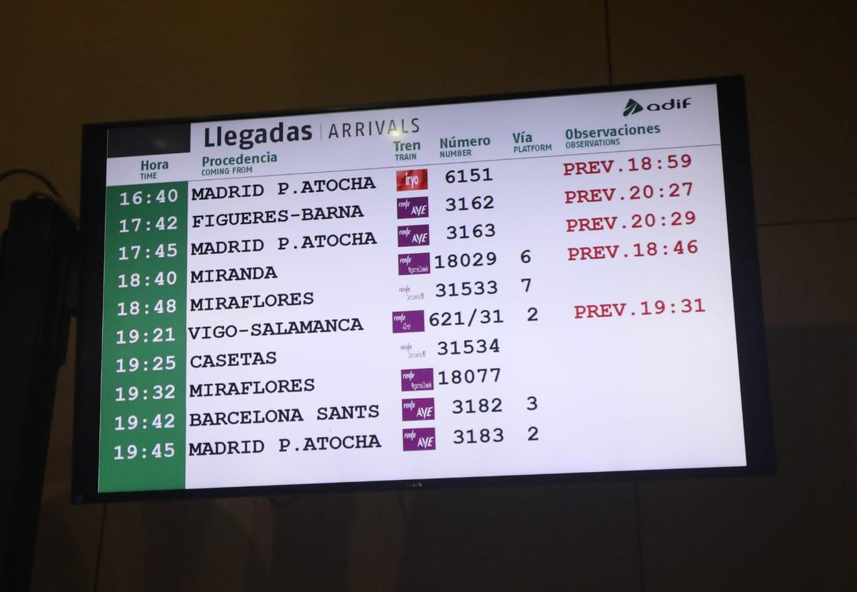 Una de las pantallas informativas de la Estación Delicias marcando retrasos en los trenes debido a la avería.