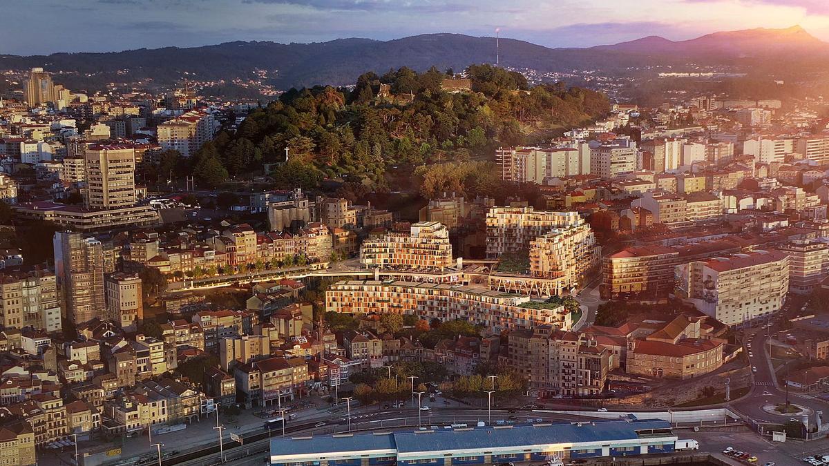 Recreación virtual de la futura urbanización del Barrio do Cura , en la que se observan los bloques de viviendas y la gran plaza central