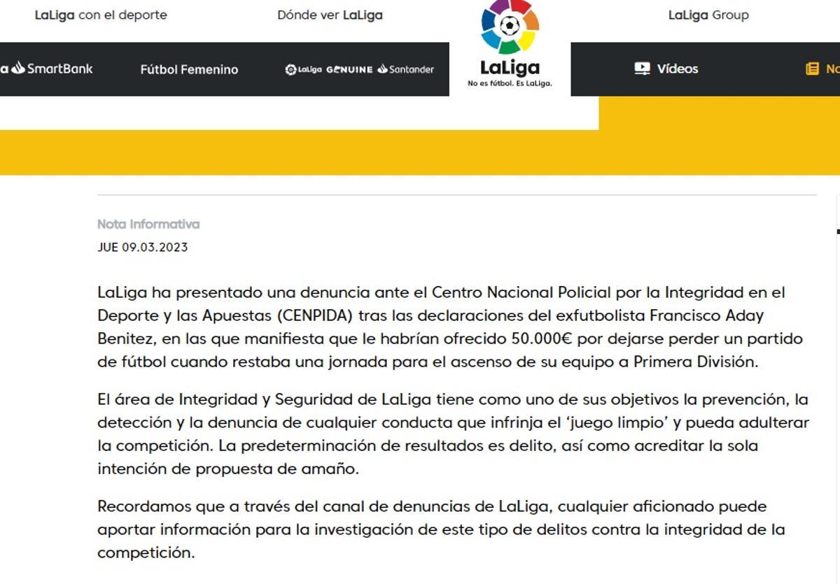 El comunicat de la Lliga