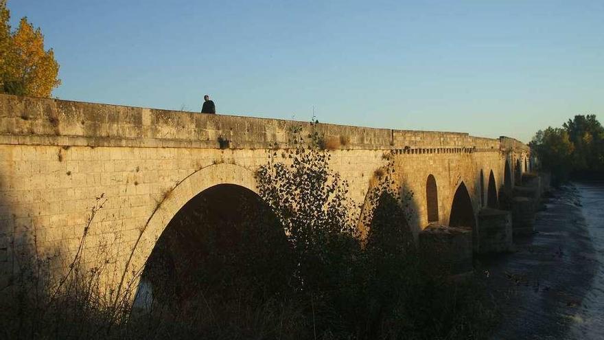 Un vecino pasea por el puente de piedra de Toro que será objeto de diversas obras de restauración.
