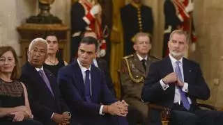 Un Sánchez muy serio pide "cuidar Europa" en un acto del que se ha ausentado Feijóo para no coincidir con él
