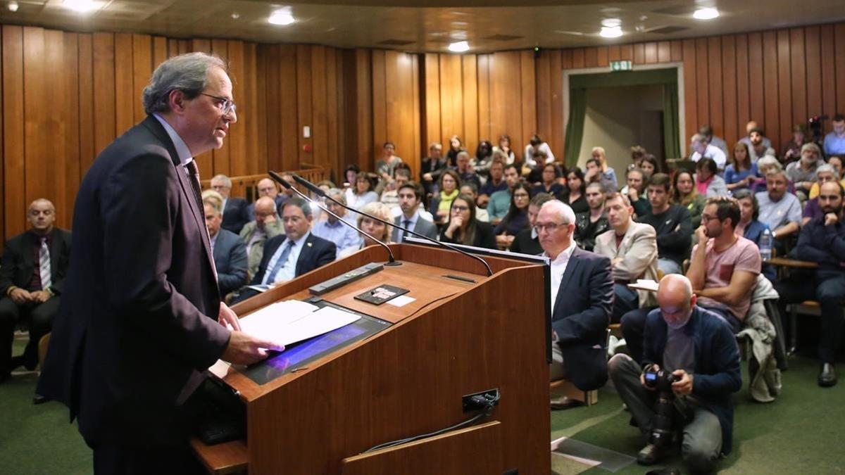 El 'president' Torra reclama en Ginebra una mediación internacional para forzar al Gobierno a pactar un referéndum