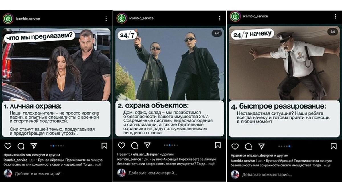 Anuncio de servicios de protección destinados a la comunidad rusa en Argentina donde se ofrecen "chicos duros" con "experiencia militar y deportiva" enfrentar "situaciones no estándar".