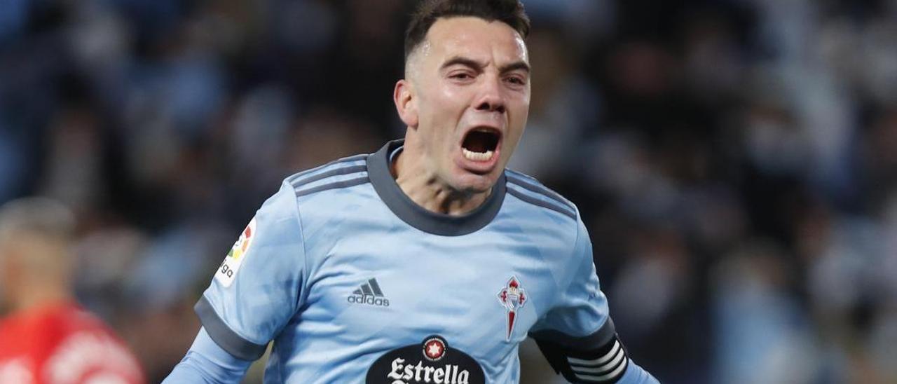 Aspas celebra el 4-3 al Mallorca.