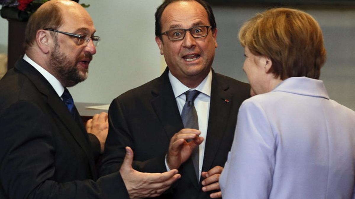 Martin Schulz, François Hollande y Angela Merkel, el pasado 25 de junio en Bruselas.