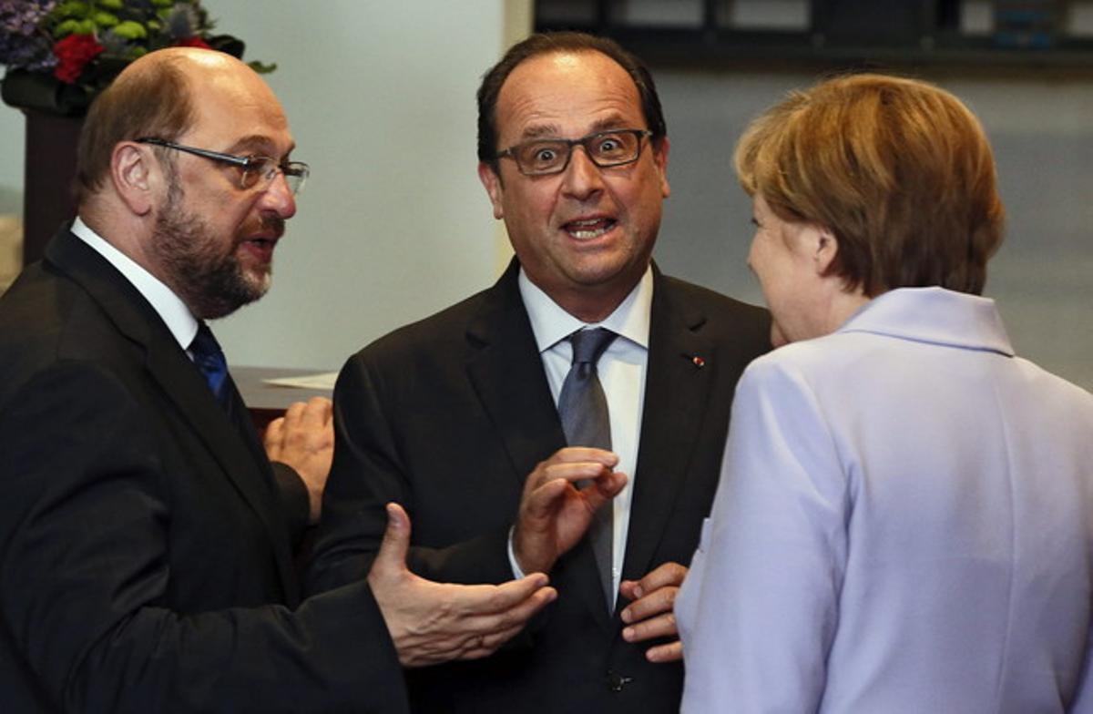 Martin Schulz, François Hollande i Angela Merkel, el 25 de juny a Brussel·les.