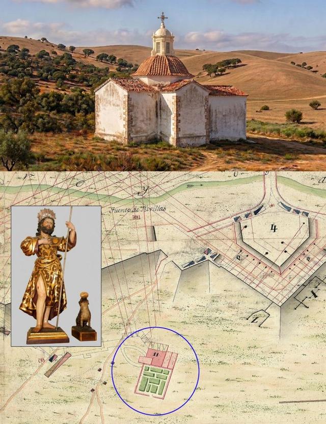 Recreación de la ermita en 1669, la planta en 1797 y el santo.