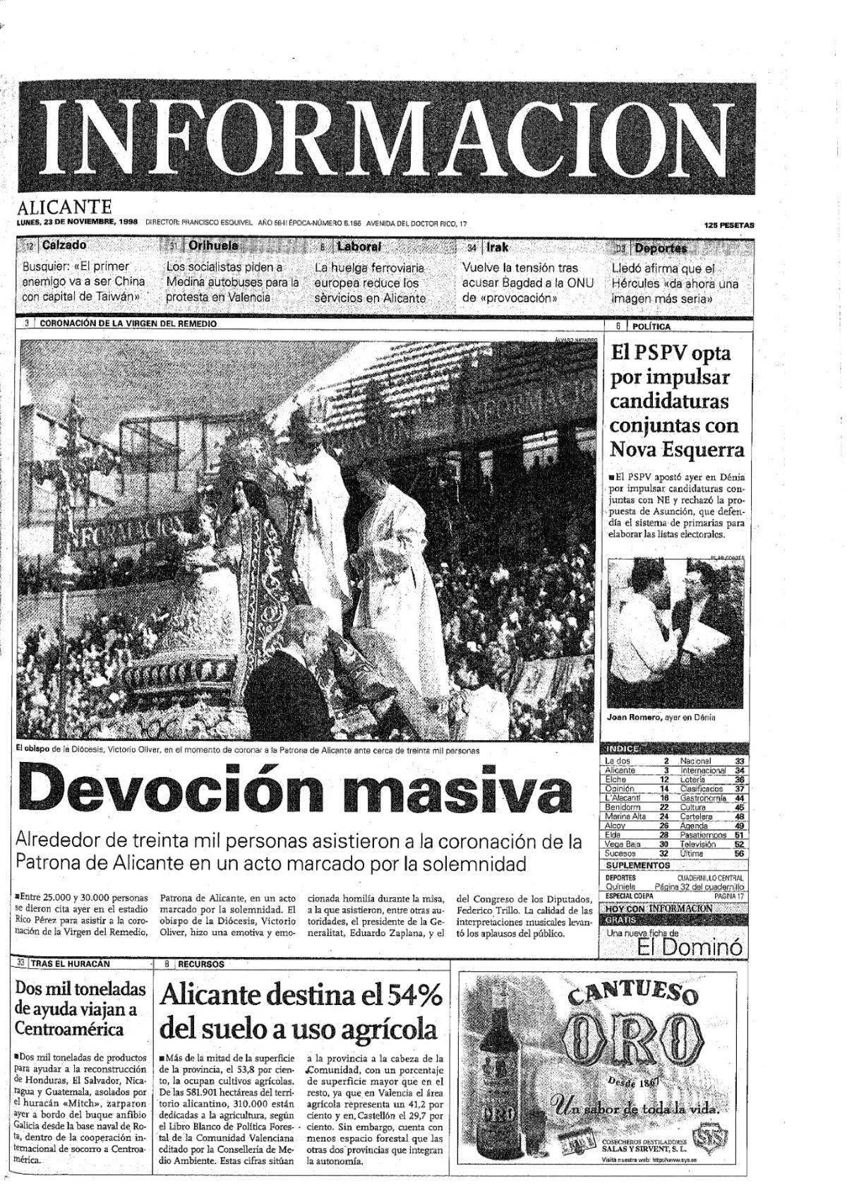 Edición del 23 de noviembre de 1998 de INFORMACIÓN, con la Coronación de la Virgen del Remedio en portada.