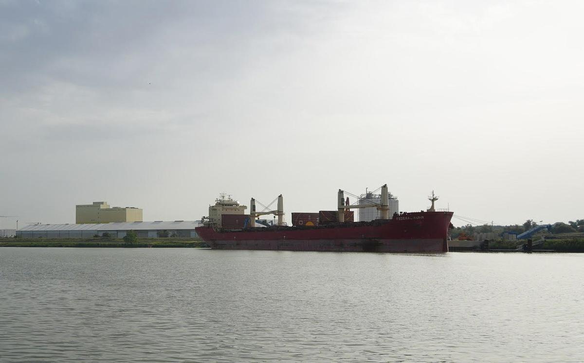 Llegada de un buque granelero de 199 metros de eslora al Puerto de Sevilla.