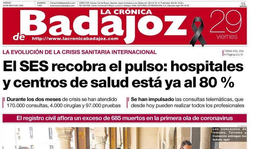 Esta es la portada de LA CRÓNICA DE BADAJOZ correspondiente al día 29 de mayo del 2020