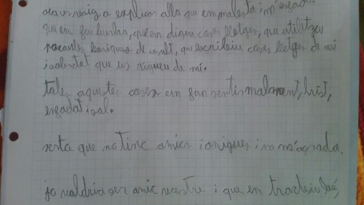 La carta del niño dirigida a sus compañeros por el trato que le dispensan.