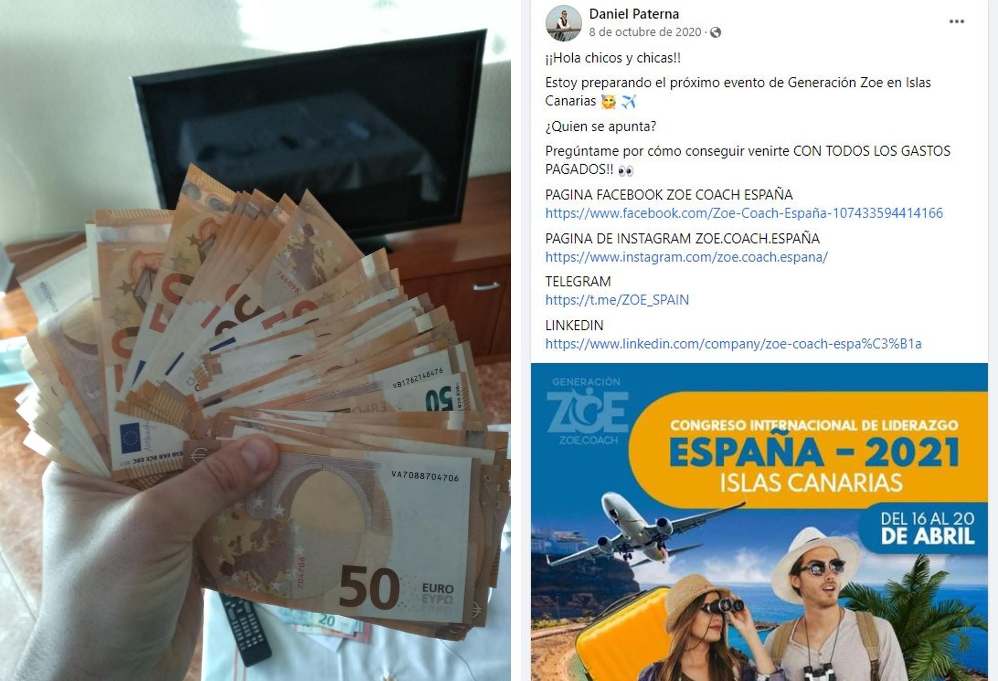 Pago en billetes a uno de los reclutadores de Zoe en Elda y una publicación de Daniel Paterna promocionando en octubre de 2020 una convención de la empresa en Canarias