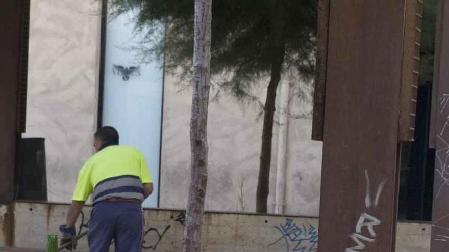 Un trabajador limpia en la zona de la plaza de la Leña.