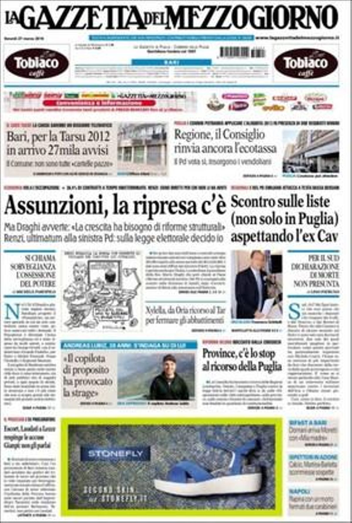 Portada del diario italiano ’La Gazzetta del Mezzogiorno’. 