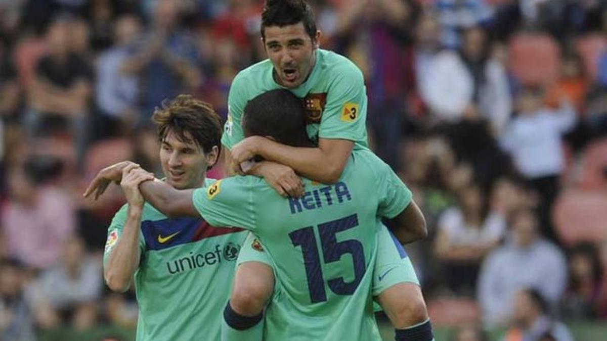Keita marcó un gol histórico en el campo del Levante en 2011. Lo festejó junto a Villa y Messi