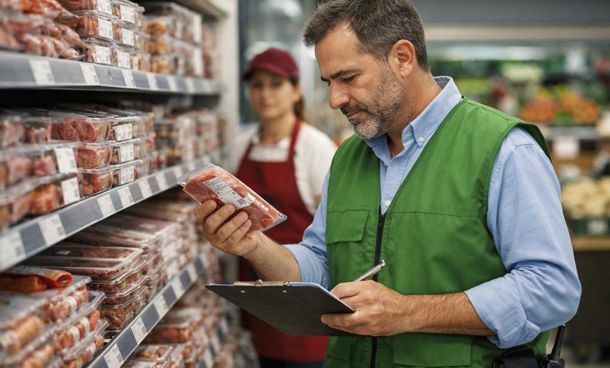 Un controlador de calidad inspecciona la etiqueta de unos productos en un supermercado.