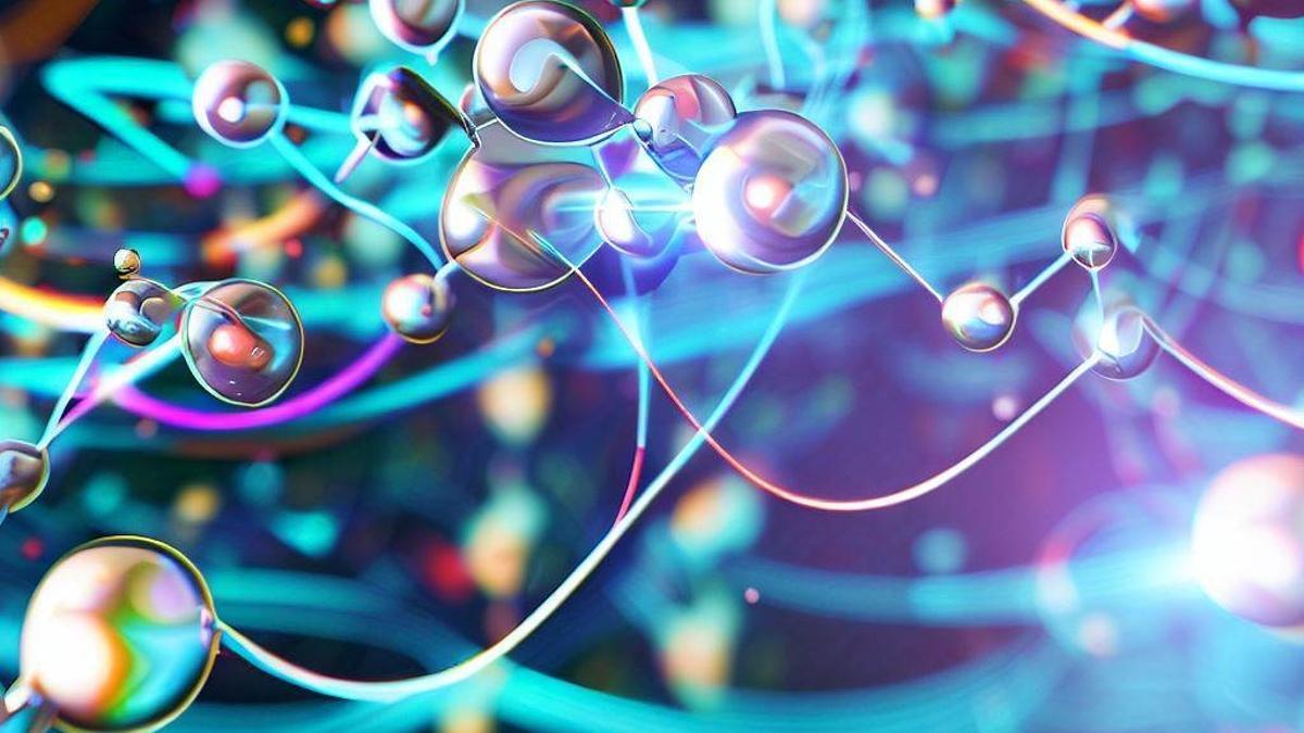 Visualización de la superquímica cuántica, mostrando átomos y moléculas en el mismo estado cuántico reaccionando juntos y formando oscilaciones coherentes. Esta imagen intenta representar cómo los átomos y las moléculas se comportan como un todo coherente y cómo se produce una transferencia de energía entre ellos. También muestra los colores que se podrían observar al iluminar el sistema con un láser.