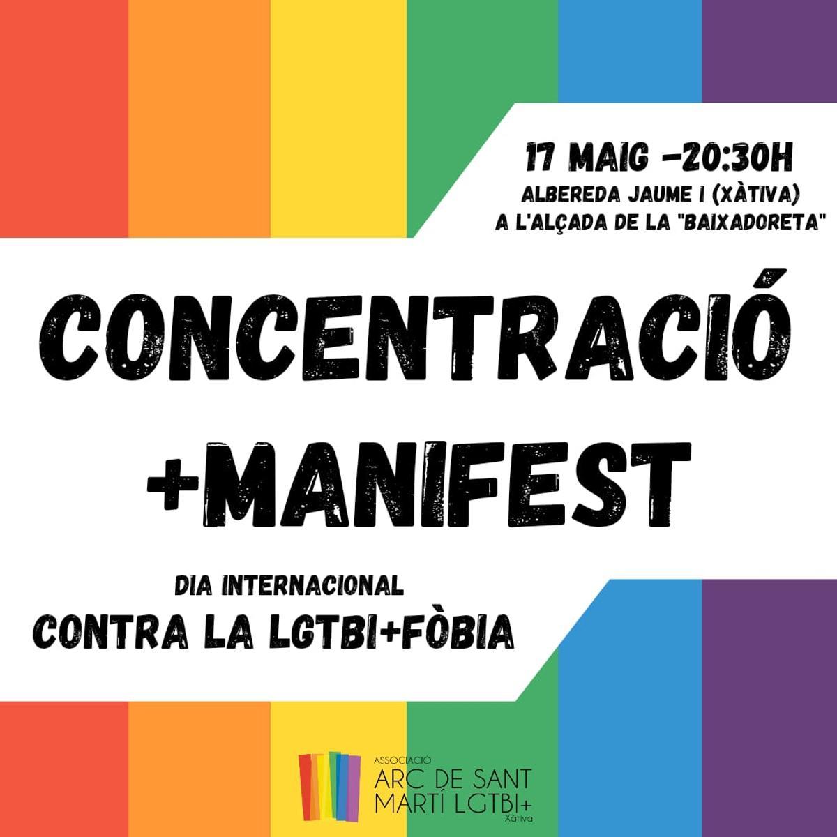 Cartel de la concentración en Xàtiva por el Día contra la LGTBIQ+fobia.