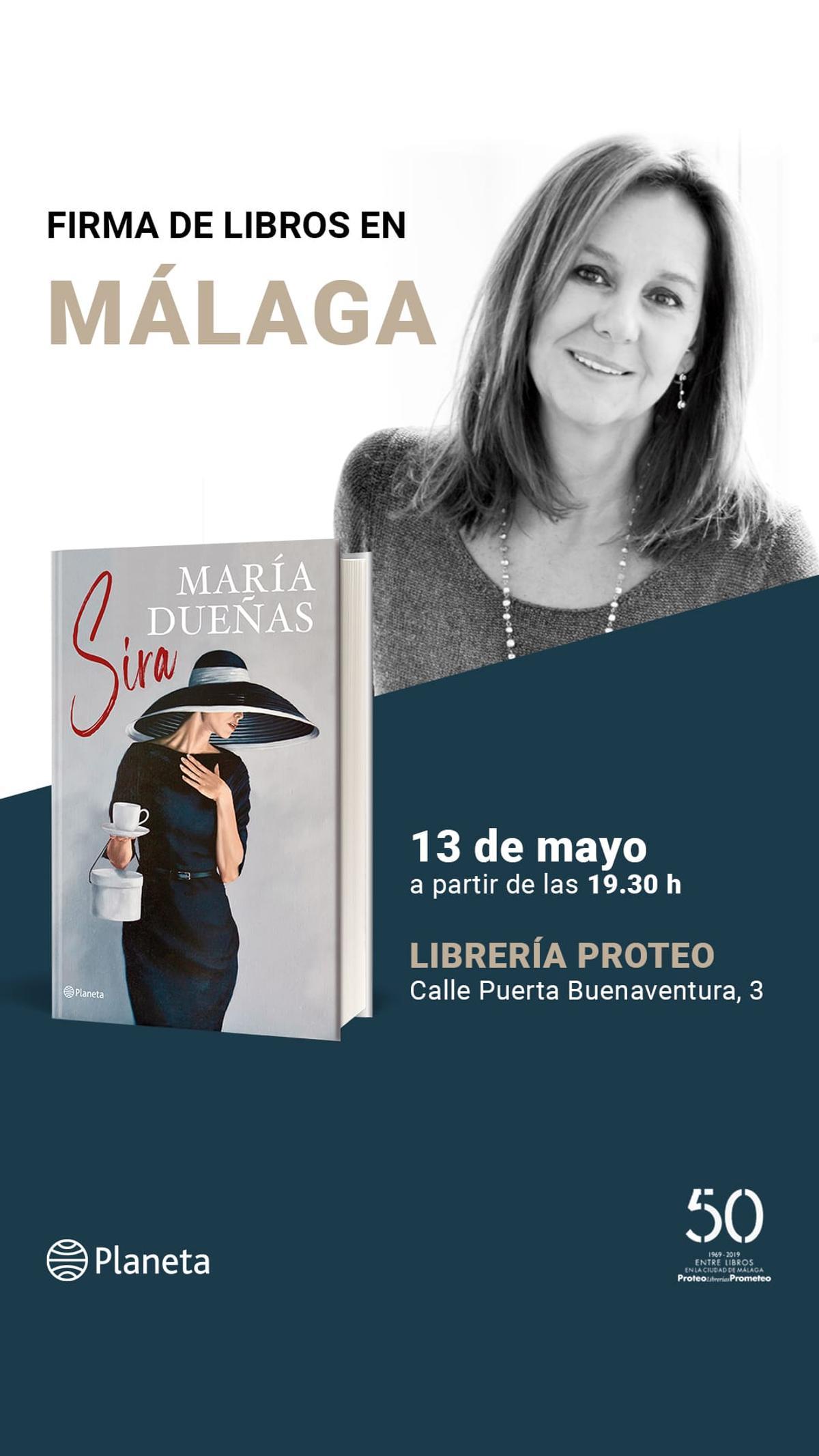 Cartel de la firma de María Dueñas en Proteo.