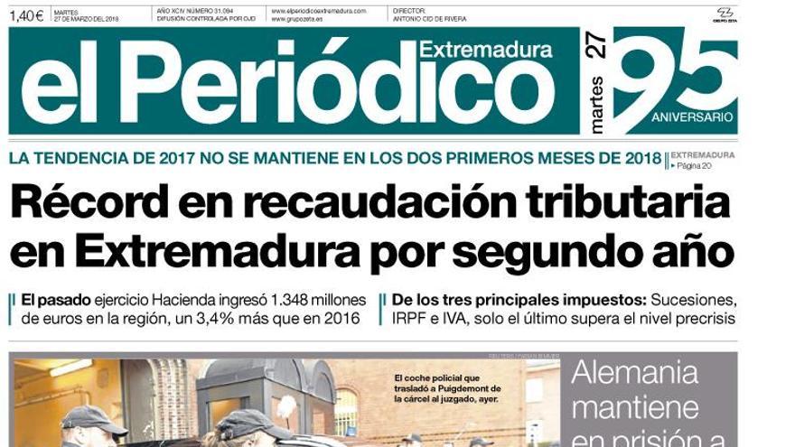 Esta es la portada de EL PERIÓDICO EXTREMADURA correspondiente al día 27 de marzo del 2018