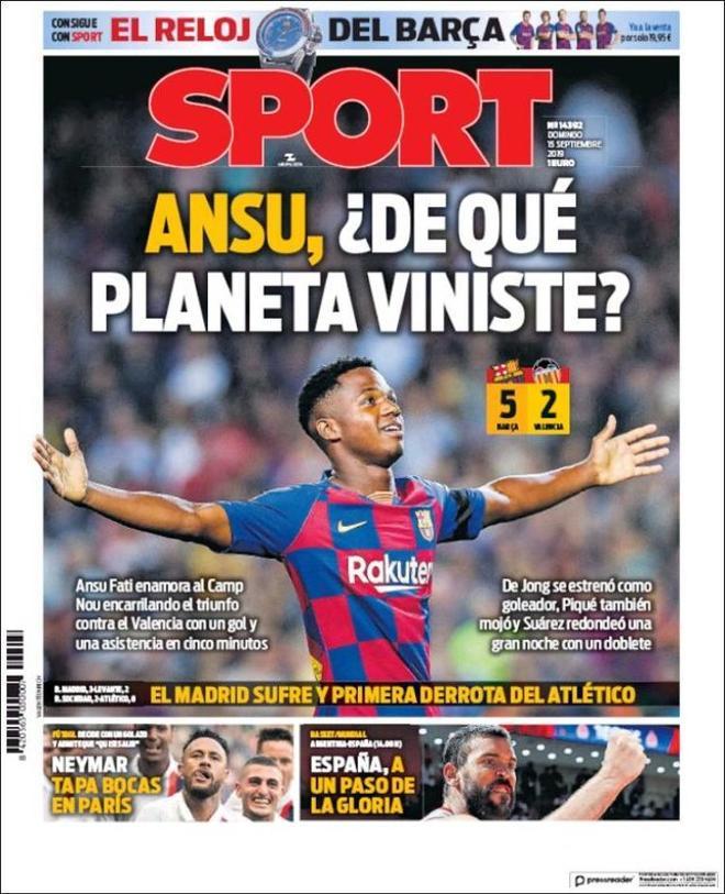 Portada de Sport del 15 de septiembre de 2019