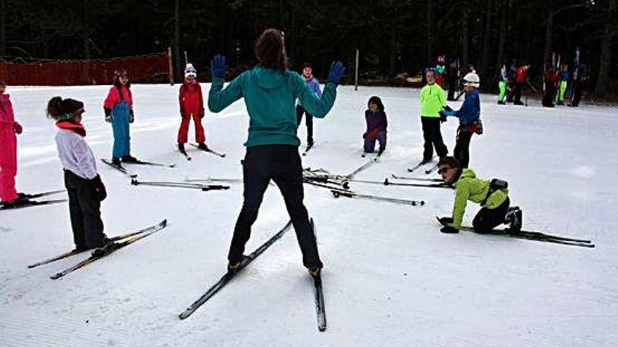 Un grup d&#039;alumnes practicant esquí nòrdic ahir, a l&#039;estació d&#039;Aransa, a Lles de Cerdanya.