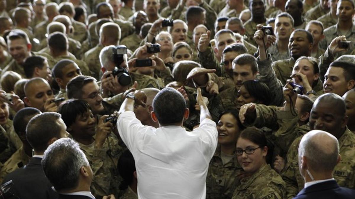 El presidente de EEUU, Barack Obama, con las tropas norteamericanas que fueron destinadas a Afganistán en 2012.