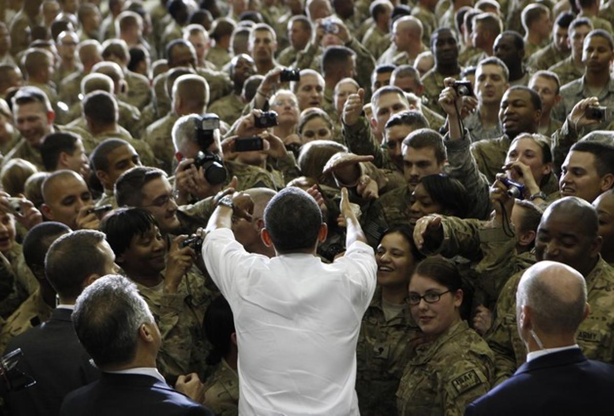 El presidente de EEUU, Barack Obama, con las tropas norteamericanas que fueron destinadas a Afganistán en 2012.