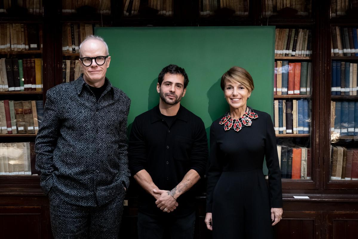 Hans Ulrich Obrist, Lucas Arruda y Patrizia Sandretto, durante la presentación de la exposición, este martes en Madrid.