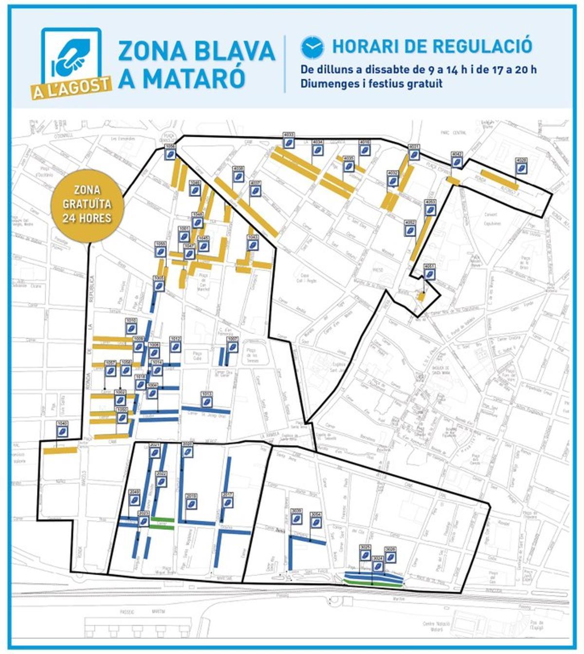 Mapa de las zonas azules en Mataró durante el mes de agosto de 2026