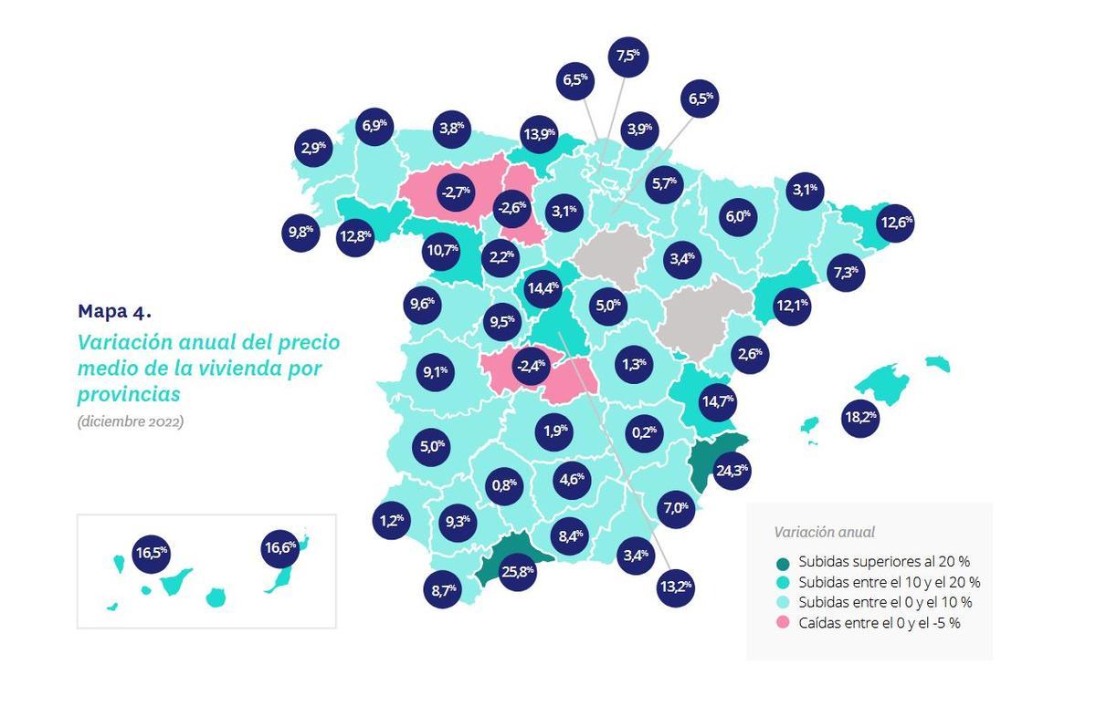 Mapa con la subida del precio del alquiler de vivienda en España en 2022 por provincias.