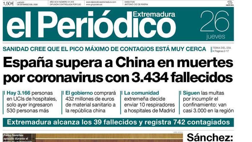 Esta es la portada de EL PERIÓDICO EXTREMADURA correspondiente al día 26 de marzo del 2020