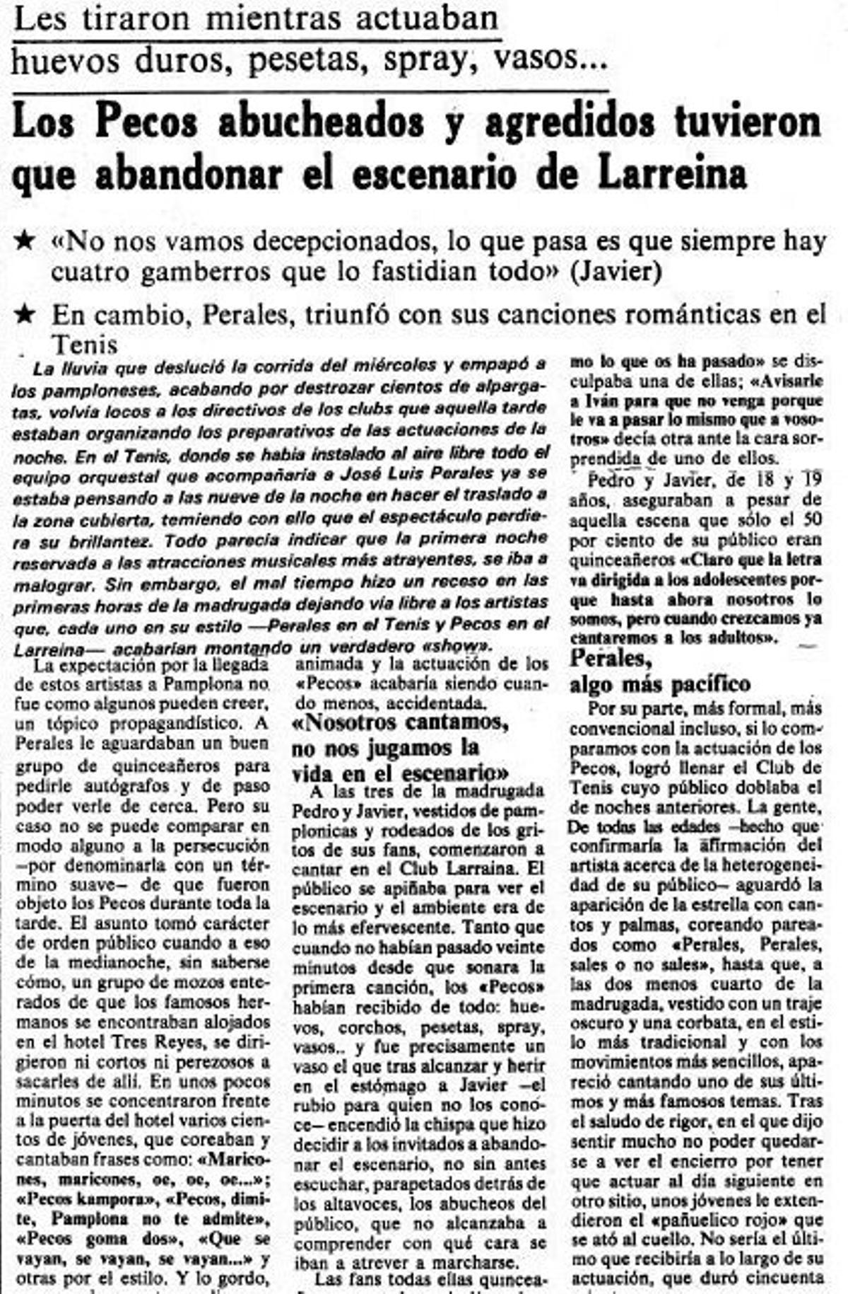Página del 'Diario de Navarra' con la crónica del concierto de Los Pecos en Pamplona.