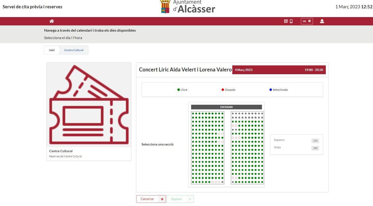 Reserva d'entrades a la web del Centre Cultural d'Alcàsser