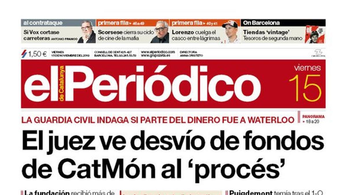 La portada de EL PERIÓDICO del 15 de noviembre del 2019.