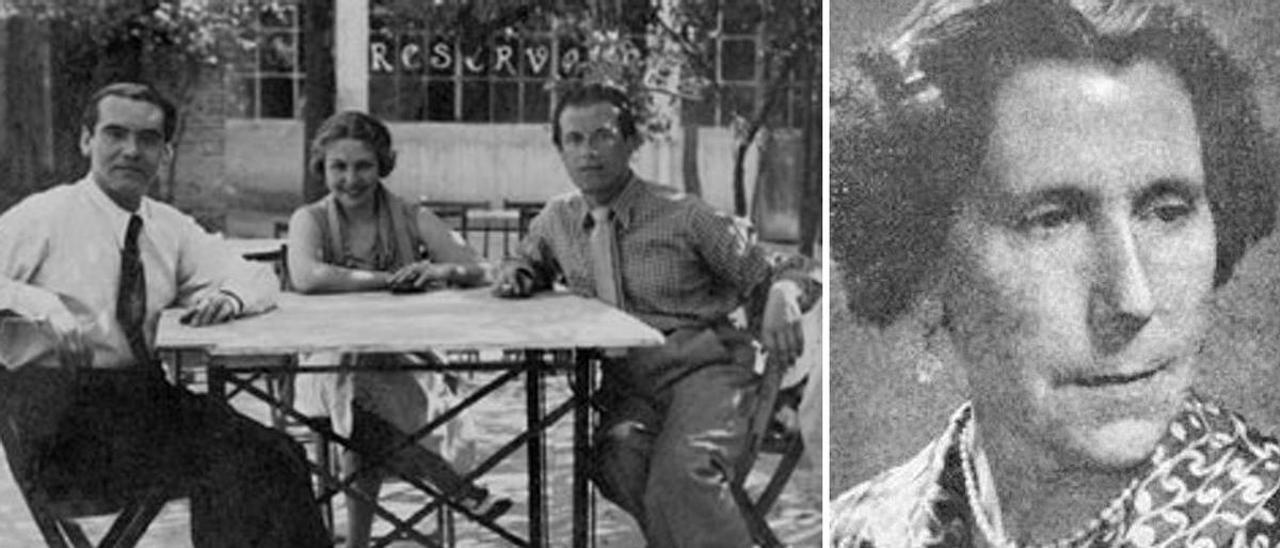 A la izquierda, María Teresa Prieto, entre Federico García Lorca y Rafael Alberti. A la derecha, retrato de la autora