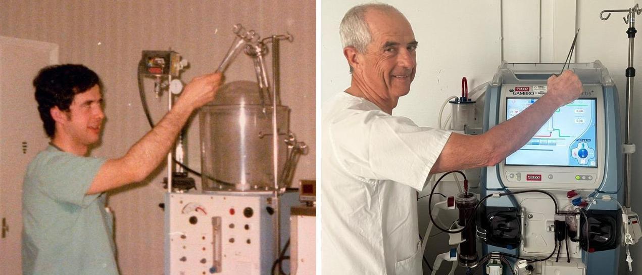 El enfermero Eduardo Alberca, con una máquina de diálisis de 1978 y una actual.