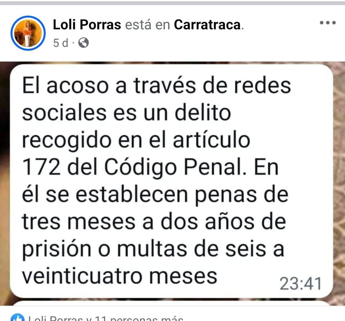 Mensaje en su perfil de Faceboook de la concejala del PSOE Loli Porras