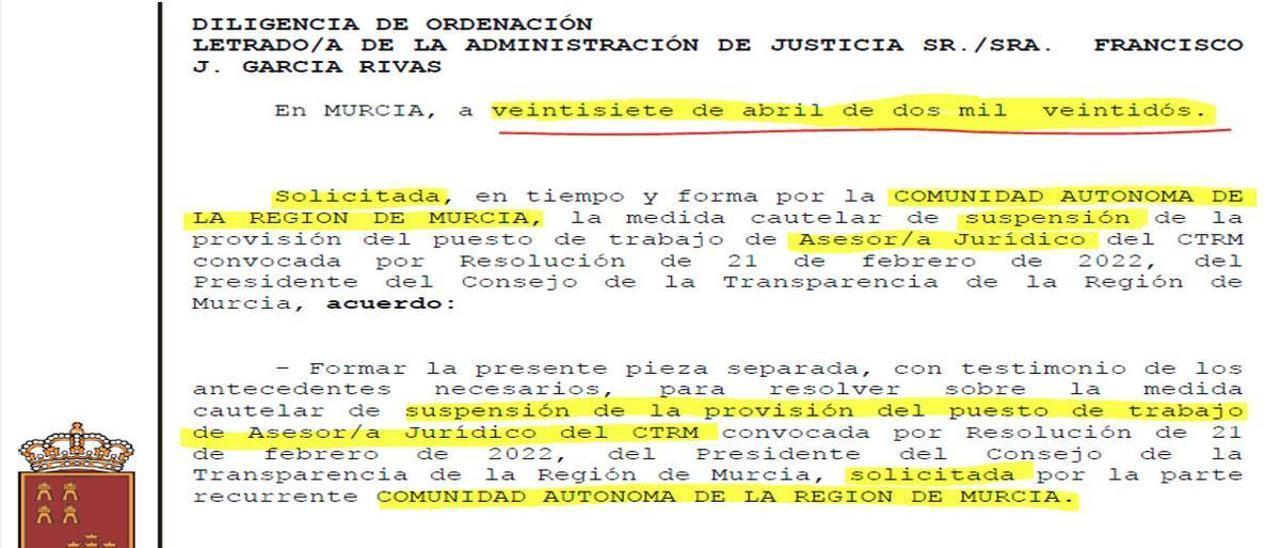 Diligencia de ordenación del TSJ.