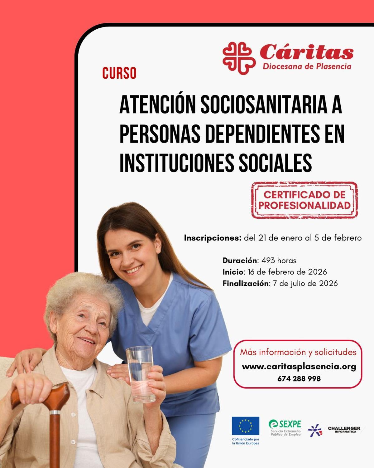 Cartel del curso de Cáritas en Plasencia para personas desempleadas.