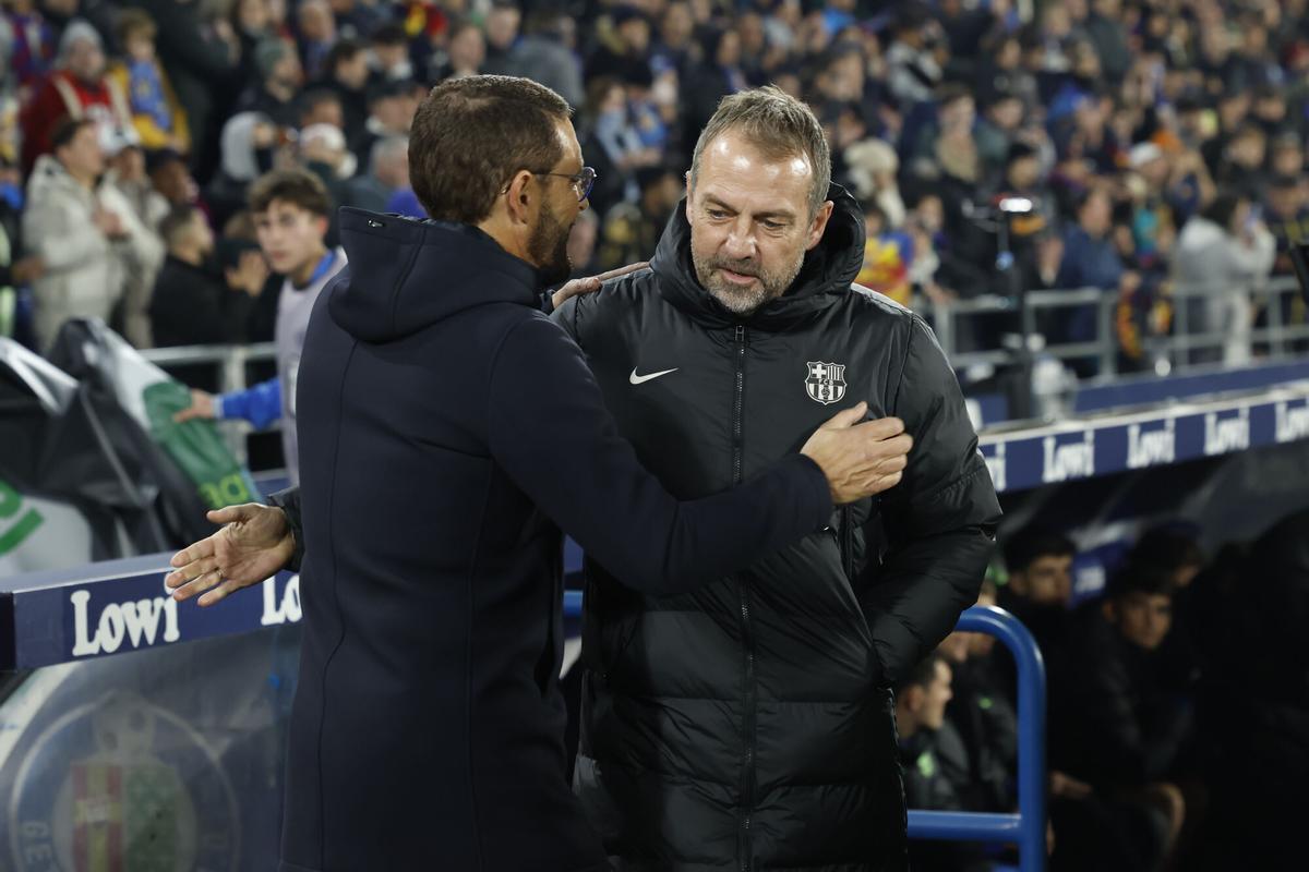 Flick y Bordalás se saludan en la última visita en el Coliseum