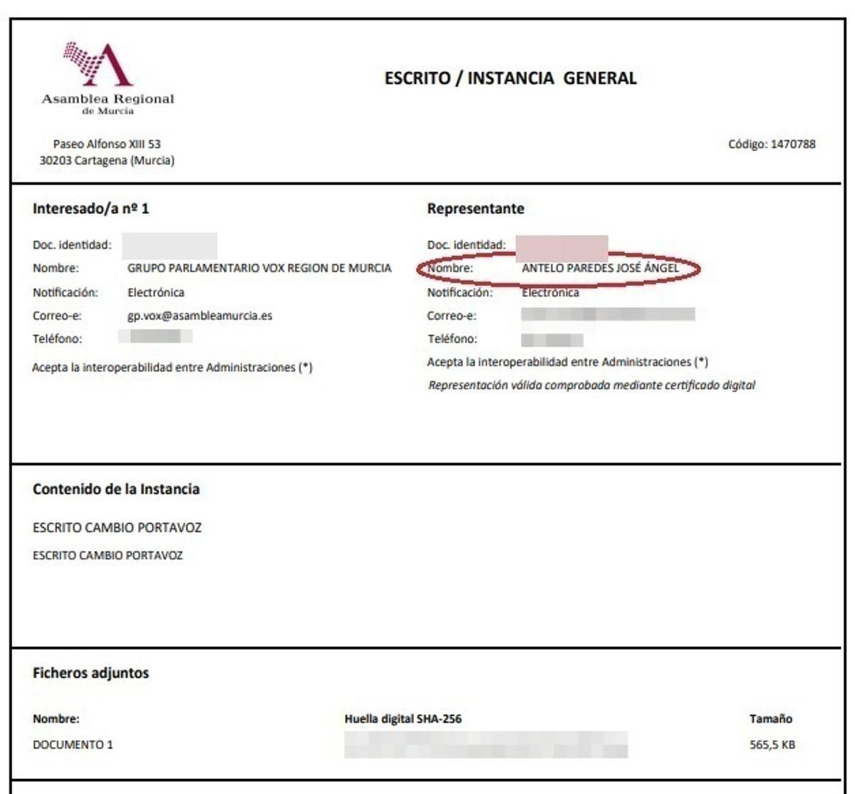 El escrito presentado con los datos de Antelo para cambiar la portavocía del Grupo Parlamentario y que él alega que no ha firmado.