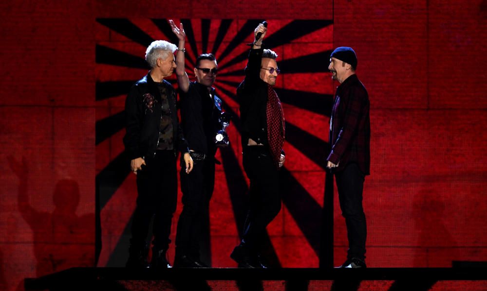 Irish group U2 receive an award at the 2017 MTV ...