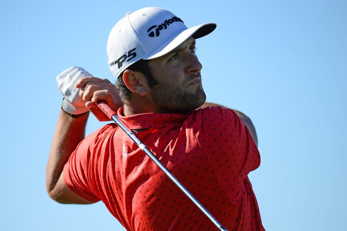 Feb 2, 2020; Scottsdale, Arizona, USA; Jon Rahm tees off on the first during the final round of the Waste Management Phoenix Open golf tournament at TPC Scottsdale. Mandatory Credit: Joe Camporeale-USA TODAY Sports
