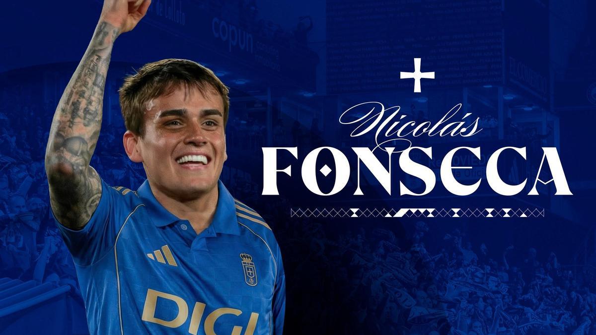 Imagen de presentación del fichaje de Fonseca por el Real Oviedo