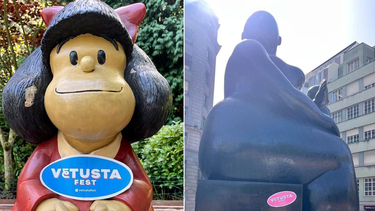 Las estatuas de Mafalda y La Gorda anunciando el Vetusta Fest.