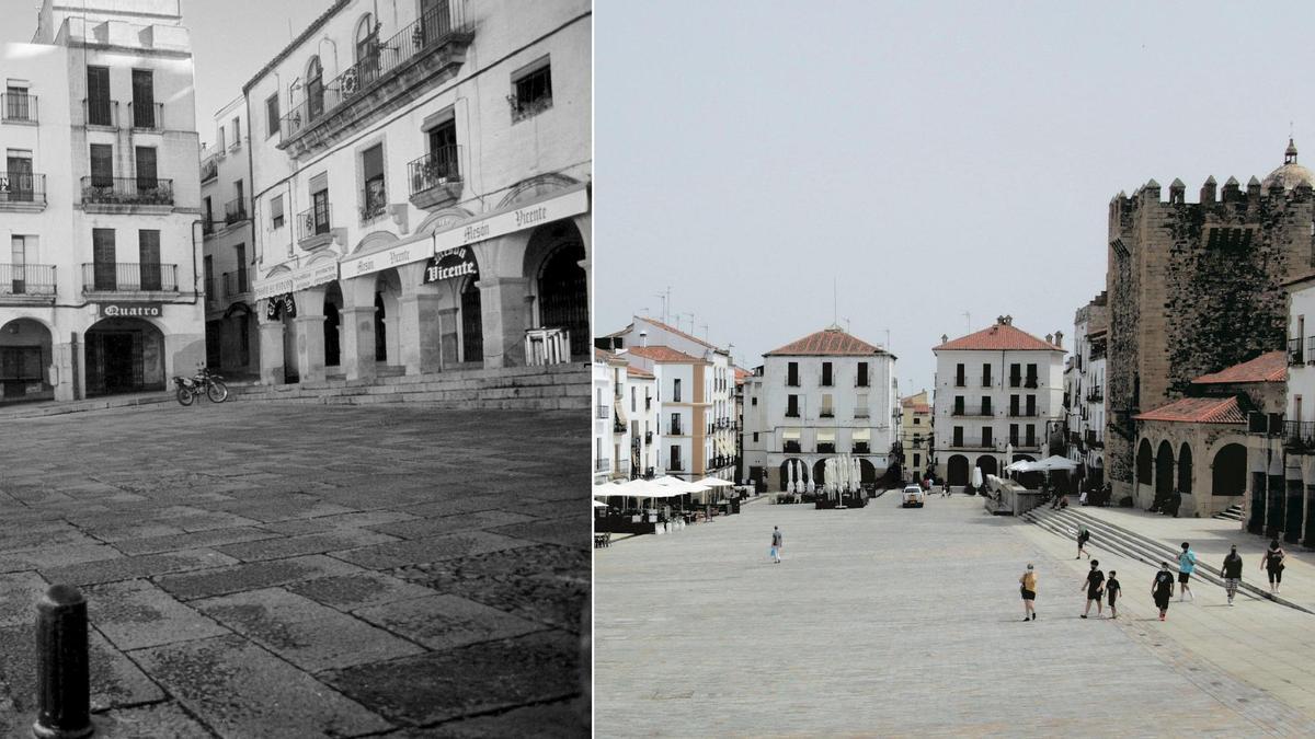 Ejemplo de un montaje de la plaza Mayor de Cáceres, con una imagen de hace 40 años y otra actual.