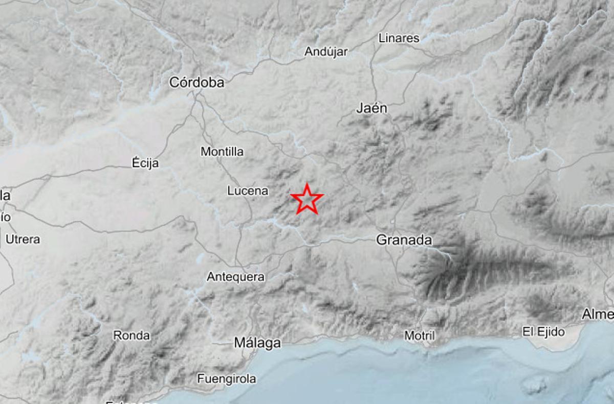 Una mapa del IGN marca en punto donde se ha registrado el terremoto, en Priego.