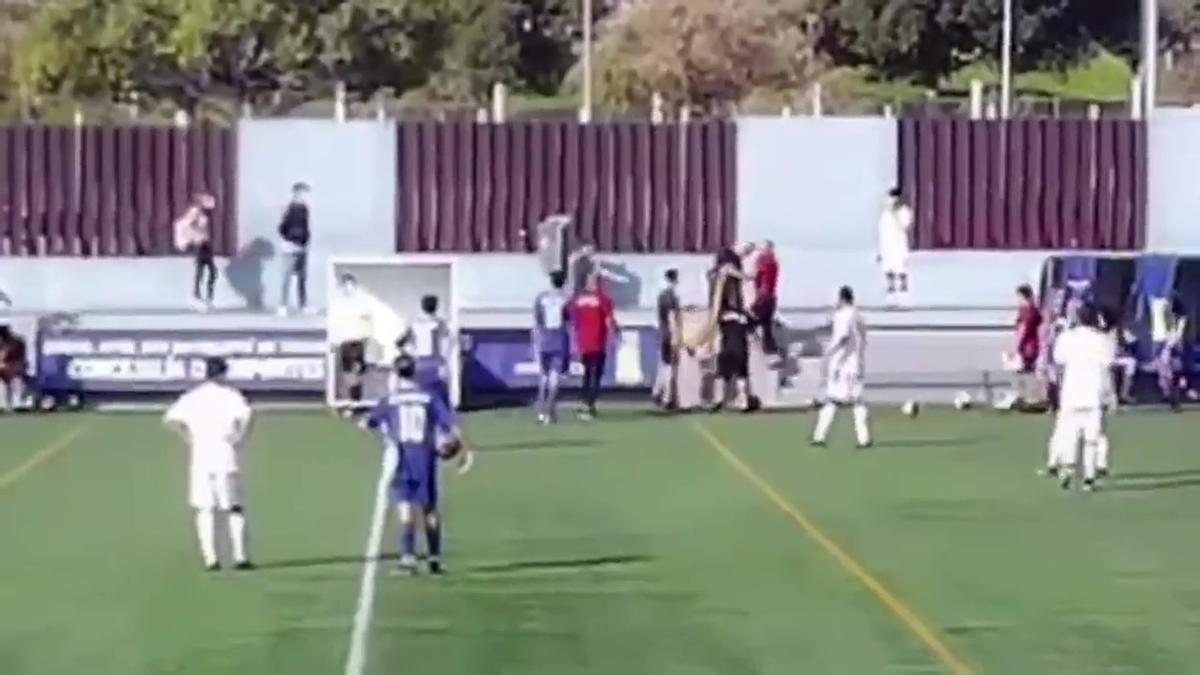 Un momento del enfrentamiento entre miembros del cuerpo técnico de dos equipos de fútbol durante un partido de cadetes.