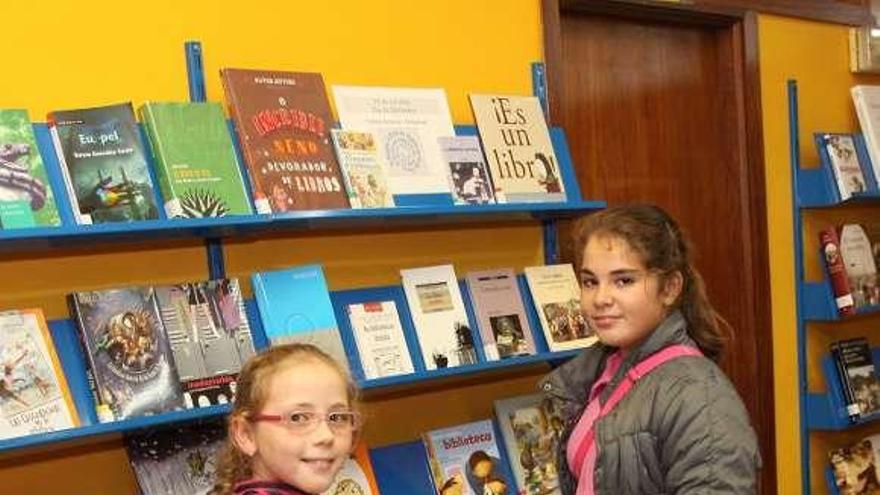 Dos niñas consultan unos libros en la biblioteca grovense.  // Muñiz